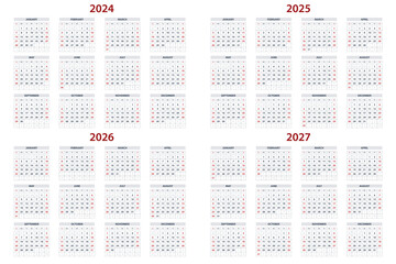 Wall Mural - Quarter calendar template for 2024, 2025, 2026, 2027 year. Wall calendar grid in a minimalist style. Week Starts on Sunday.