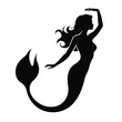© umut hasanoglu - Silhouette of a mythical mermaid with flowing hair and curvy tail set against a plain background.