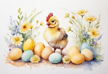 Wall Mural - Cute chick with easter eggs Little chicken with spring flowers Pastel watercolor White background Happy Easter banner Isometric Good for postcards, poster, kid's room, canvas, Generative AI