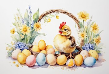 Wall Mural - Cute Baby chick with eggs in basket Little chicken with spring flowers Pastel watercolor White background Happy Easter banner Isometric Good for postcards, poster, kid's room, canvas, Generative AI