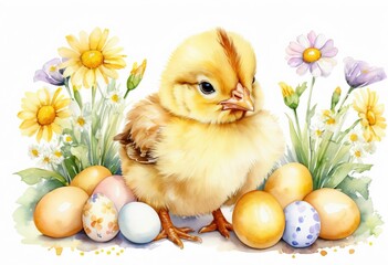 Wall Mural - Cute Baby chick with eggs Little yellow chicken with spring flowers Pastel watercolor White background Happy Easter banner Good for postcards, poster, kid's room, canvas, Generative AI