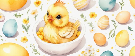 Wall Mural - cute little baby chick in a bowl Easter colored eggs pastel floral background Surrounded by flowers Watercolor Art Happy Easter banner Illustration Generative AI