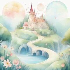 Wall Mural - Fairy tale castle Watercolor Art Generative Ai