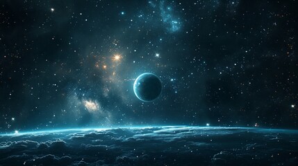 Wall Mural - Dark backdrop with minimalistic stars and planets, evoking a cosmic ambiance