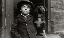 Old Black And White Street Photograph From The Victorian Era - Young Boy With His Pet Dog