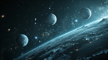Wall Mural - Dark backdrop with minimalistic stars and planets, evoking a cosmic ambiance