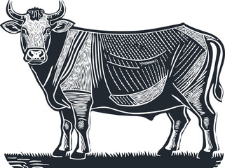 Cow. Engraving Style. Vector Illustration