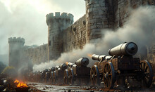 Several Cannons In A Row Firing Cannon Salutes From A Stone Wall At A Castle With Smoke Coming Out Of The Front End Of The Cannons Created With 