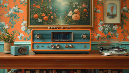 vintage living room close-up of a painting, wooden cabinet, retro radio and glass vase with branches
