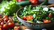 A cup of salad stands on the table with cucumber, tomato, arugula, leaves close-up. Concept nutritionology, health, food, nutrition, lifestyle, diet, vitamins.