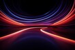 Abstract panoramic background of twisted dynamic neon lines glowing in the dark room with floor reflection. Virtual fluorescent ribbon loop. Fantastic minimalist wallpaper