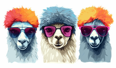 Wall Mural - Alpacas wearing sunglasses on a white background, colorful clipart vector illustration