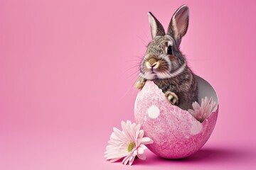 Wall Mural - cute bunny coming out of a decorated easter egg, solid pink background