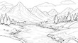 © Svitlana - Landscape with mountain river lake forest, outline drawing vector scenery panorama