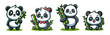 Vector Flat Cartoon Style  Icon Illustration.Cute Baby Panda Collection With Bamboo Sticks.