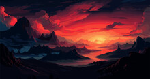 Black Mountain At Sunset, Dramatic Landscape Illustration