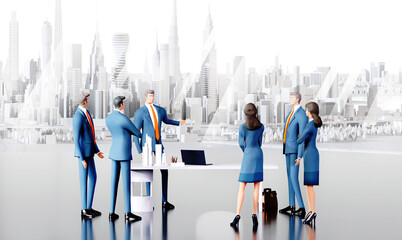 Wall Mural - Business people talking in big open space modern interior with city fire at the background. 3D rendering illustration 