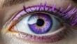 close up of a violet female eye with purple mascara