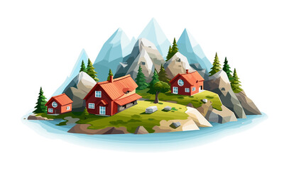 Wall Mural - Group of small houses in mountains vector simple 3d isolated illustration