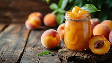 On a wooden table, a jar of canned peaches and fresh peaches are presented side by side large copyspace area,