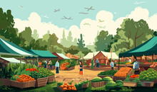 Local Farmers Market With Organic Produce Stalls Isolated Vector Style Illustration