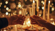 hands clinking champagne glasses in a celebratory toast, with a backdrop of golden bokeh and candlelight on a dining table.