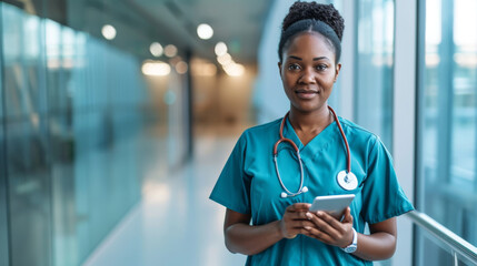 Sticker - confident young female healthcare worker in blue scrubs with a stethoscope around her neck