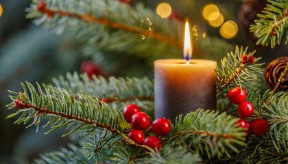 Wall Mural - close up of a candle in a spruce tree with berries