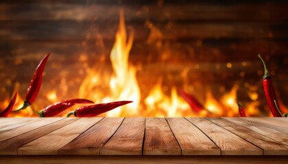 Wall Mural - empty wooden table with fire background for hot and spicy food promotion