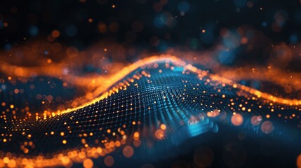 Wall Mural - science fiction background of glowing particles with depth of field and bokeh. particles form line a