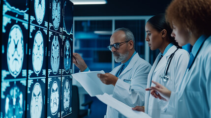 Wall Mural - Multi-disciplinary group of doctors, including neurologists and radiologists, reviewing brain scans