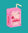 Pink Valentine juice box with hand lettering love juice. Cute festive romantic holiday illustration. Bright colorful pink and blue vector design.