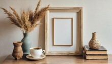 Empty Wooden Picture Frame Mockup Hanging On Beige Wall Background Boho Shaped Vase Dry Flowers On Table Cup Of Coffee Old Books Working Space Home Office Art White Room With A Table