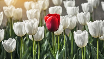 Canvas Print - one red tulip standout from other white gray color be unique confident different concept