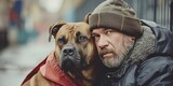 Fototapeta  - Homeless man living in poverty with his loyal dog