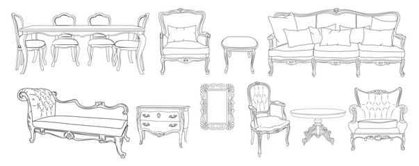 Collection of elegant antique furniture and home interior decorations in trendy vintage retro style. Modern hand drawn black sketch vector illustrations isolated on transparent background.