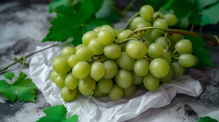 Wall Mural - Fresh green grapes on rustic background, healthy lifestyle concept. close-up of raw fruit bunch, natural light. ideal for culinary and wellness content. AI