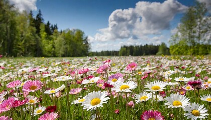 Sticker - meadow with lots of white and pink spring daisy flowers in sunny day nature landscape in estonia in early summer