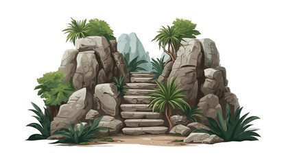 Wall Mural - stairs made of rocks in natural landskape vegetation isolated vector style illustration