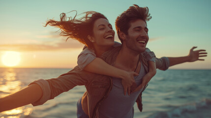 Poster - A couple enjoys a playful piggyback moment on the beach at sunset, with waves in the background and hair blowing in the wind, radiating joy and affection.