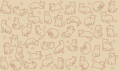 Poster - Cats on beige background. Illustration of many cats in different poses. Painted cute kittens. Background with cats and paw prints. Funny pets.