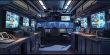 Interior Of A High-tech Van For FBI Surveillance, Police, And News Van Purposes. Concept Design Filled With Electronics And Monitoring Equipment To Serve As Mobile Base