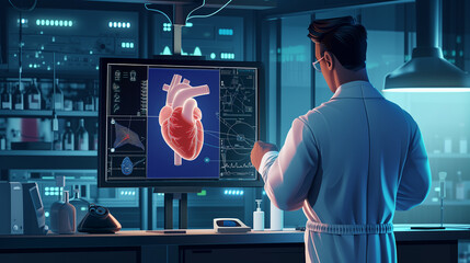 Wall Mural - Innovative technology at work: cardiologist analyzes detailed heart hologram in futuristic lab