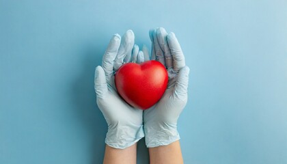 Wall Mural - heart disease prevention concept top view photograph of hands in medical gloves holding a heart model on light blue background with copy space for text or advertising placement