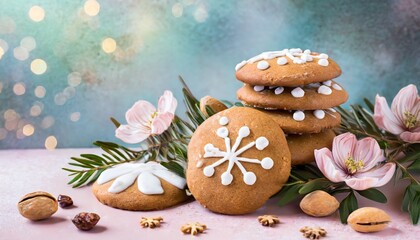 Poster - delicious gingerbread cookies on pastel background copy space