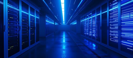 Futuristic data center hallway with blue lighting. modern network and technology concept. server room design and infrastructure. AI