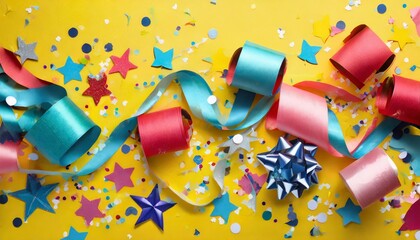 Canvas Print - colorful ribbons with paper stars and confetti on yellow background