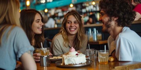 Wall Mural - Group of friends enjoying dessert in a cafe. casual meeting. friendship and fun. warm tones and happy faces. lifestyle photography. AI