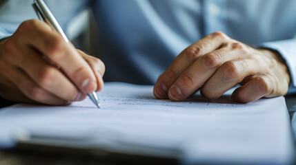 Sticker - A close-up shows a person's hands signing a document on a desk, one hand holding a pen with precision and the other providing stability