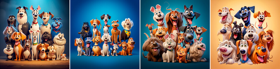 A collection of funny and adorable cartoon dogs. Characters with unique personalities depicted by . Ideal for dog lovers and fans of animated films.